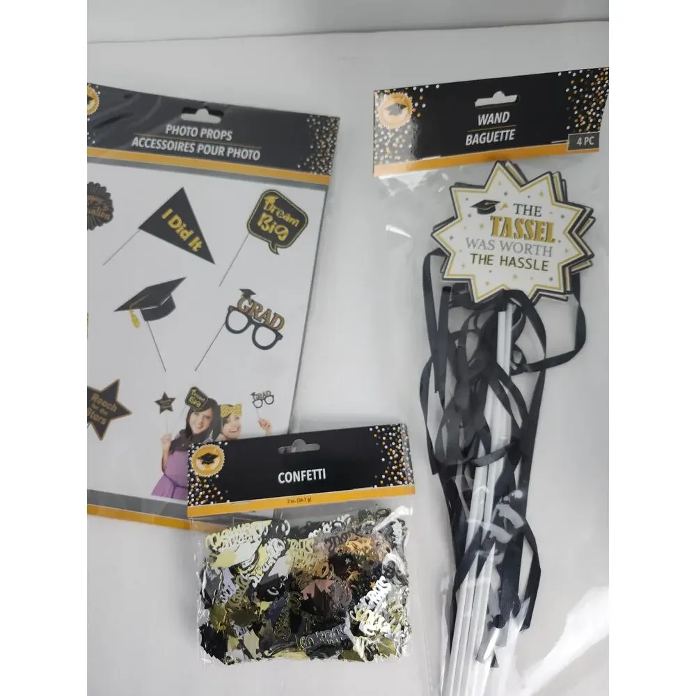 Graduation Party Decorations Lot Of 13 Pieces Gold/Black/White NEW Congrats